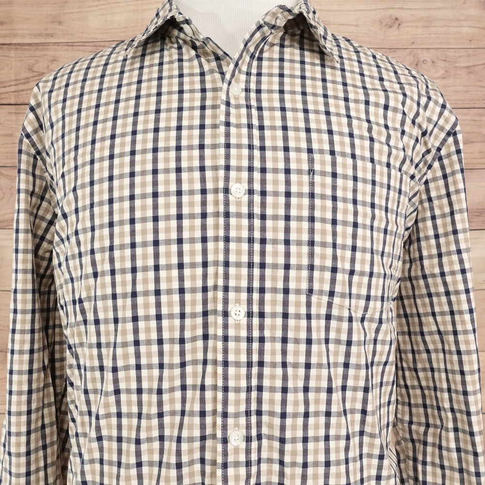 GAP Button Down Shirt Mens XXL Tan Gingham Plaid Long Sleeve Stretch